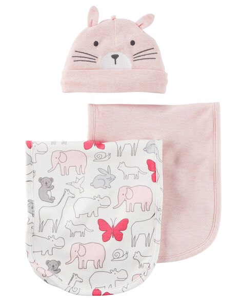 3-Piece Heathered Burp Cloth & Hat Set