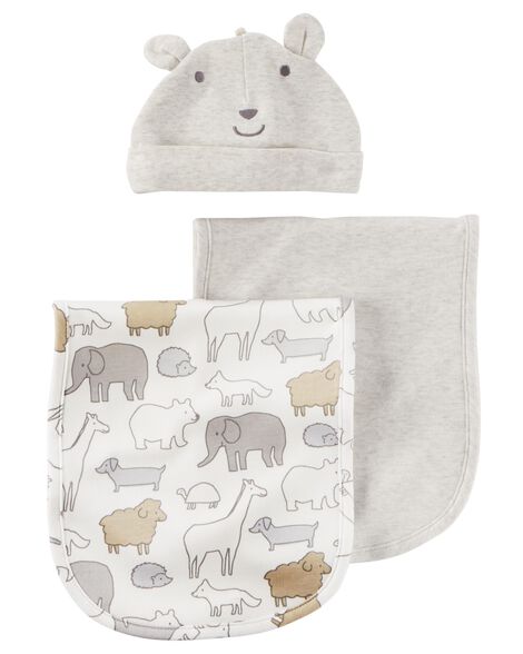 3-Piece Heathered Burp Cloth & Hat Set