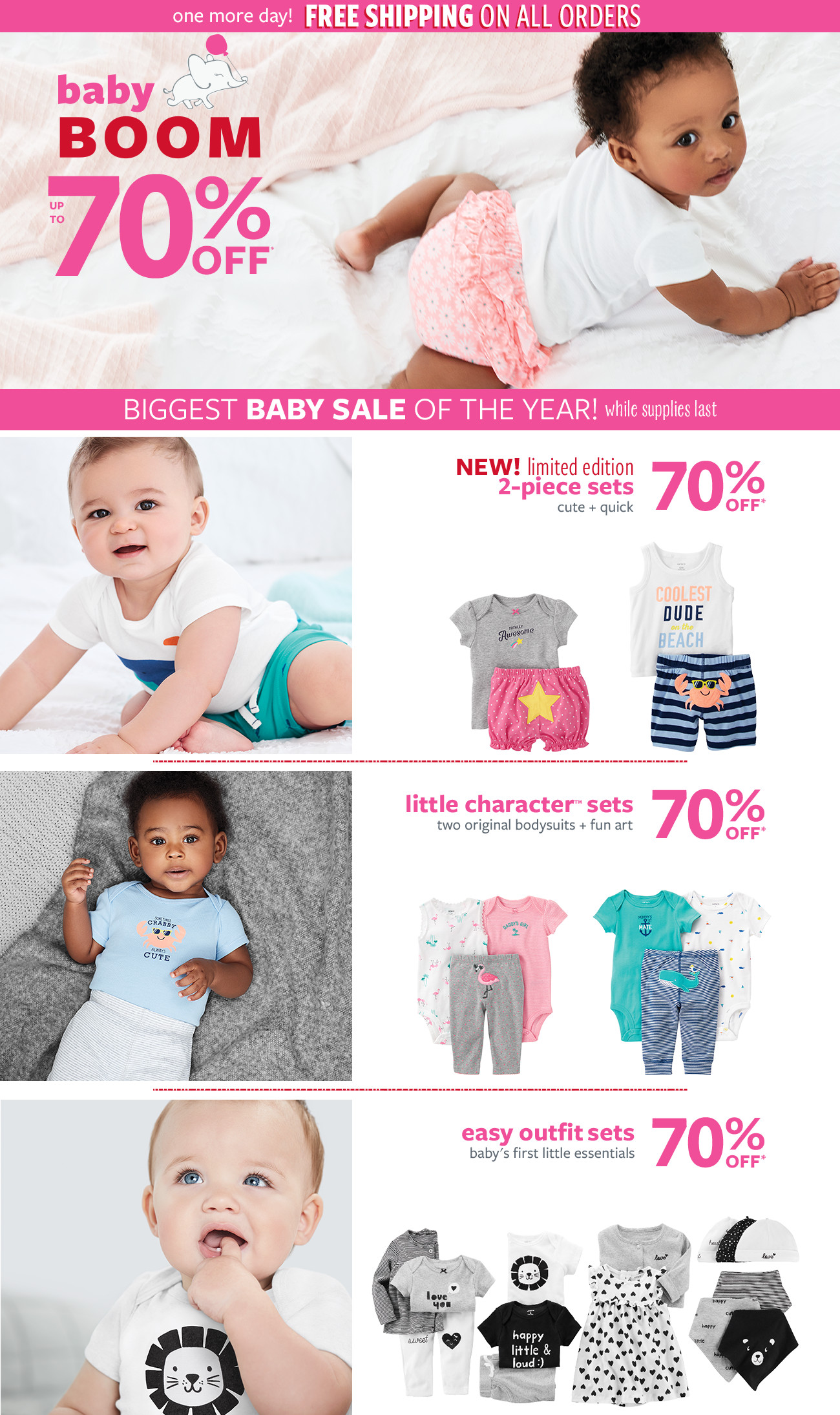one more day | free shipping on all orders | baby boom | up to 70% off msrp | biggest baby sale of the year! while supplies last