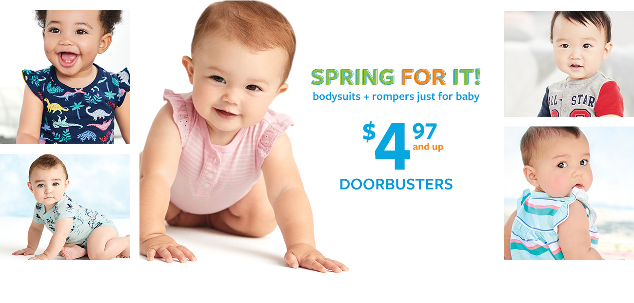 spring for it! bodysuits - rompers just for baby $4.97 and up doorbusters