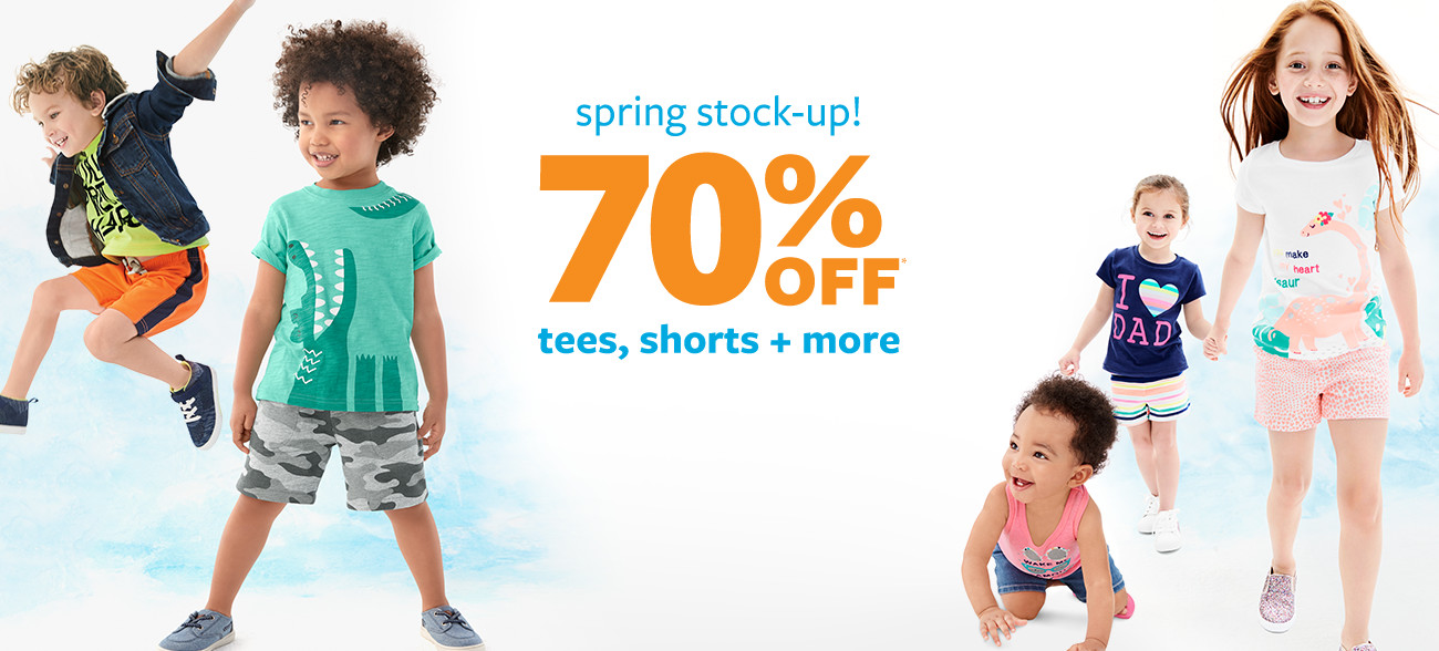 spring stock-up! 70% off msrp tees, shorts and more