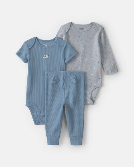 baby boy 3-piece dog bodysuit & pant set - blue/grey