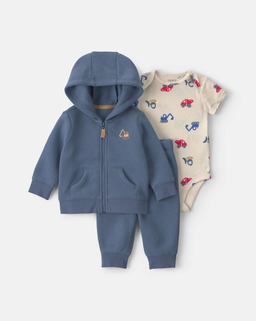Carter's Boys' Construction Fleece Layering Short-Sleeve Bodysuit, Jacket and Pants, 3-Piece Set - Blue