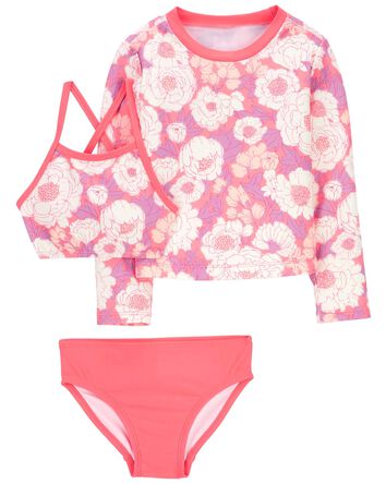 Toddler 3-Piece Floral Print Rashguard Swimsuit Set