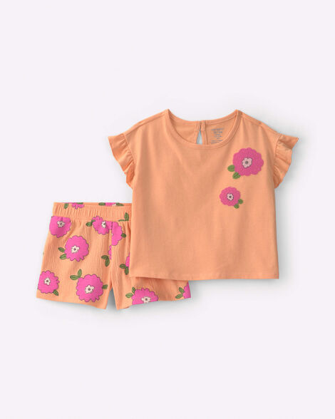 baby girl 2-piece flower top & short set - orange