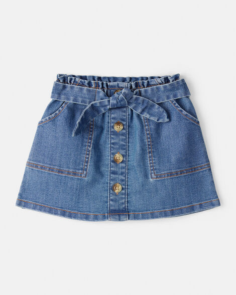 Toddler Girl Button Denim Skirt with Tie Waistband - Blue