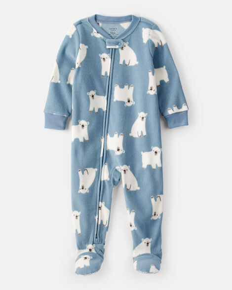 baby boy polar bear print loose fit long-sleeve 2-way zip 1-piece pajamas - blue