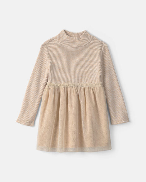 toddler girl shimmer long-sleeve sweater tulle dress - cream