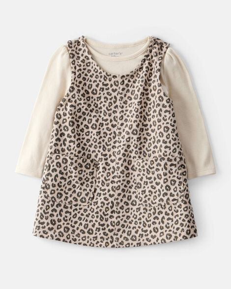 baby girl 2-piece leopard print cotton long-sleeve dress set - brown