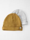 Tan, Striped Grey - Baby 2-Pack Organic Cotton Rib Caps, Selected