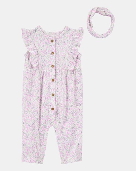 baby 2-piece floral jumpsuit & headwrap - purple