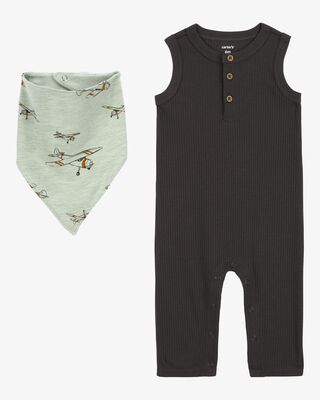 Product image 1 of Baby 2-Piece Drop Needle Jumpsuit & Bandana Bib Set