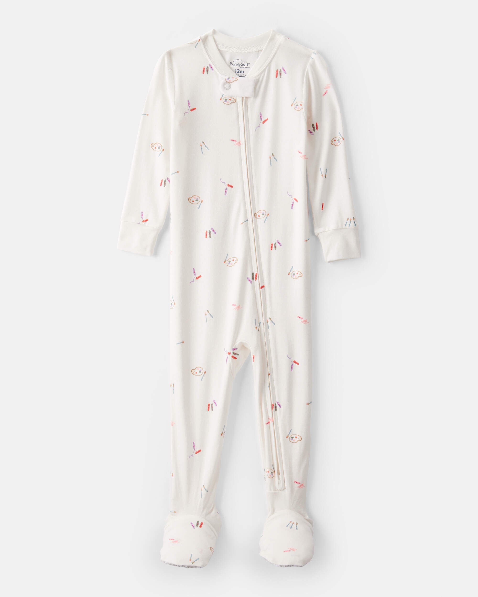 Baby Girl Painting & Coloring Print PurelySoft Long-Sleeve 2-Way Zip 1-Piece Pajamas - Ivory