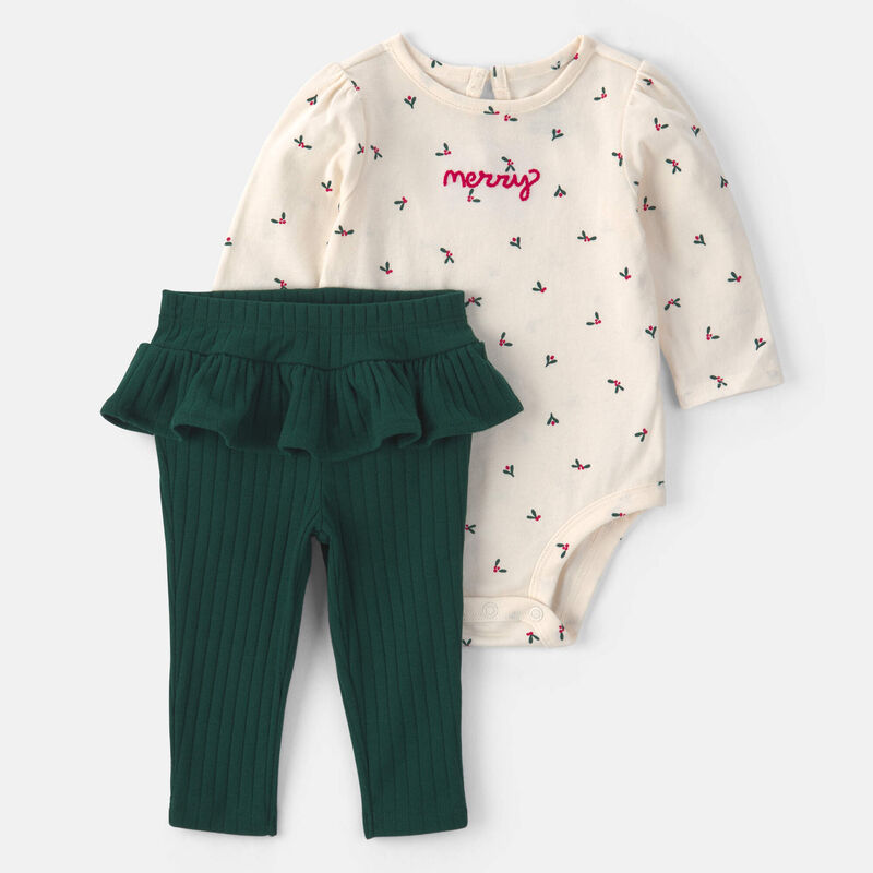 Baby Girl 2-Piece 'Merry' Long-Sleeve Bodysuit & Pant Set - Cream/Green