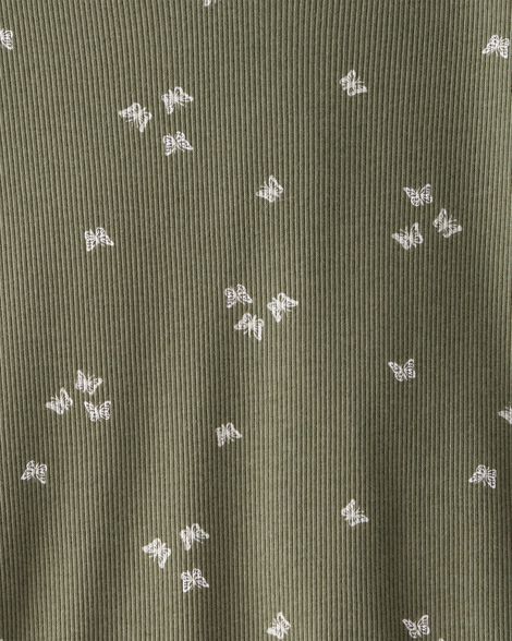 Girls Butterfly Print Ribbed Short-Sleeve Shirt - Olive