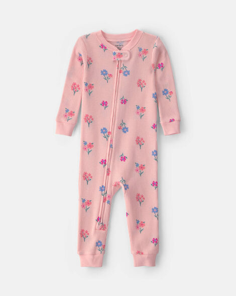 toddler girl 1-piece floral thermal waffle knit pajama - pink