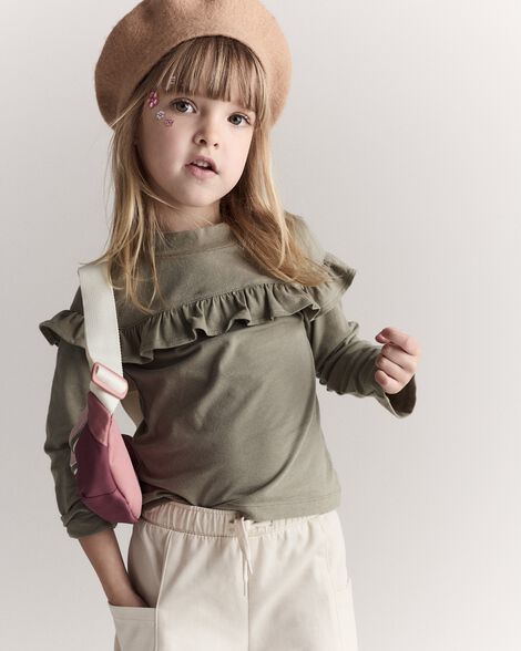 Toddler Girl Mock Neck Ruffle Top - Olive