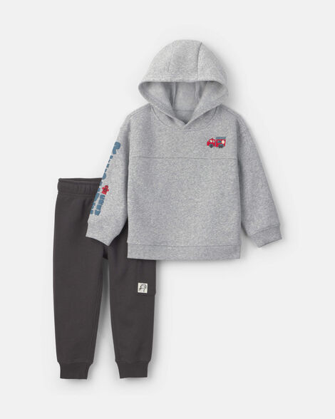 baby boy 2-piece 'rescue crew' firetruck hooded top & pant set - grey