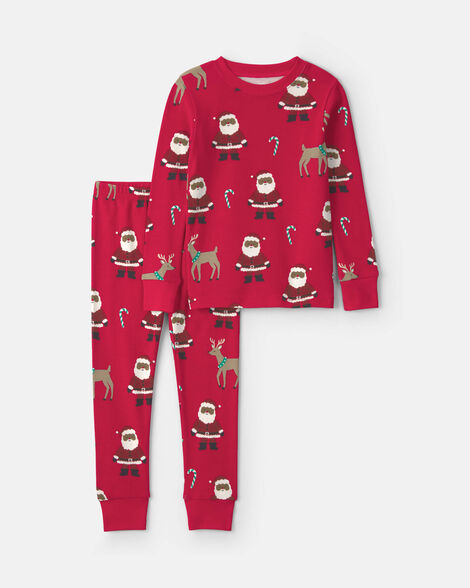 toddler 2-piece brown santa christmas 100% cotton snug fit pajama set - red