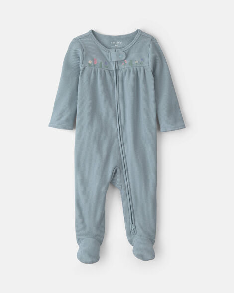 baby girl floral cotton 2-way zip thermal sleep & play pajamas - blue
