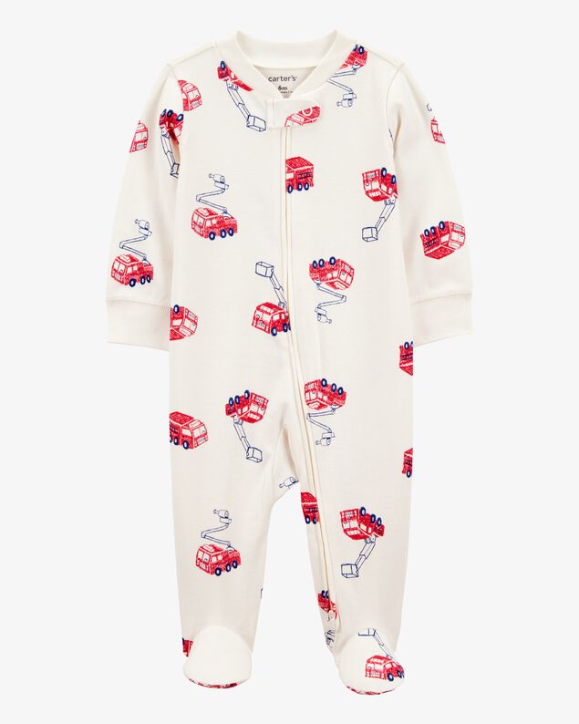 Product image 1 of Baby Boy Fire Truck Print 2-Way Zip Cotton Sleep & Play Pajamas - Cream