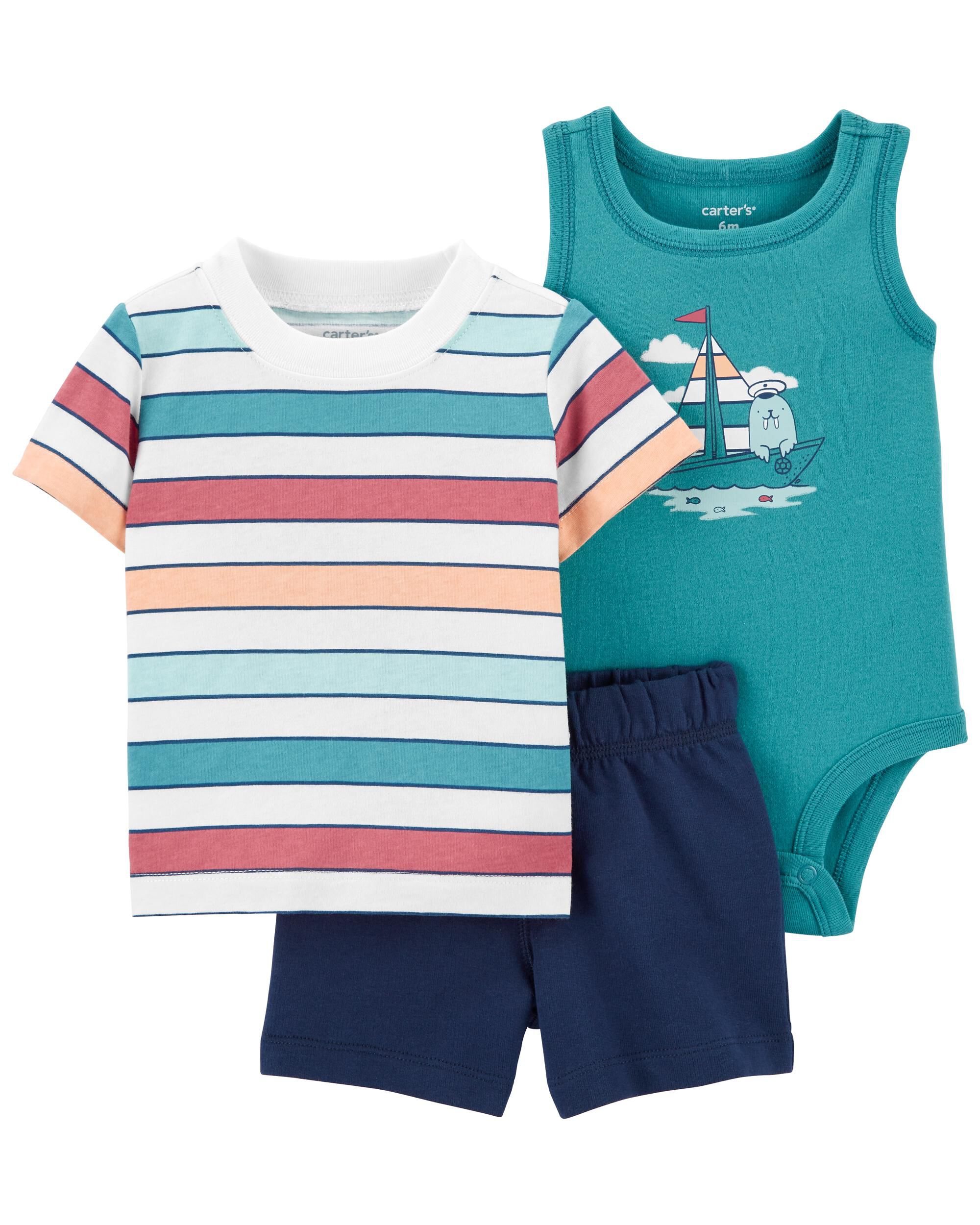 Carters Baby Boys 3-Piece Bodysuit & Shorts Set Newborn, Blue/Dino