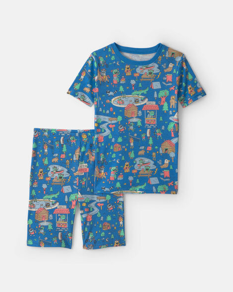 boys 2-piece 100% cotton 'monster summer camp' pajama set - blue