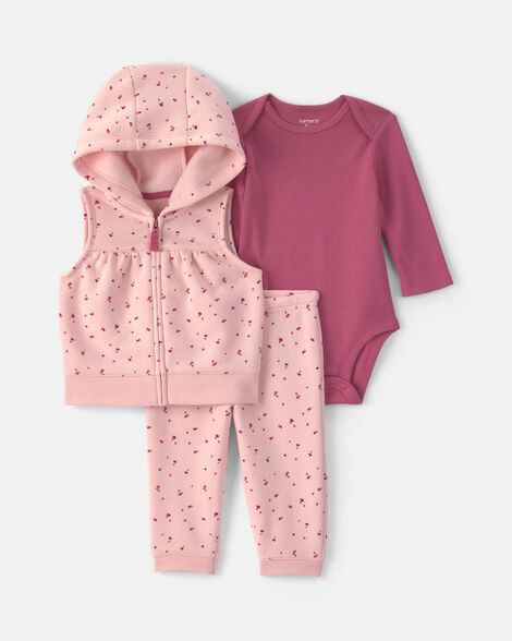 baby girl 3-piece heart hooded layering set - pink