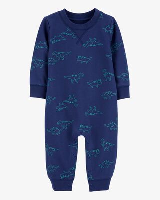 Product image 1 of Baby Dinosaur Print French Terry Long-Sleeve Jumpsuit - Blue