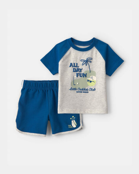baby boy 2-piece 'all day fun' golf top & short set - grey/blue