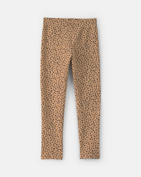 girls leopard fleece pull-on stretch leggings - brown