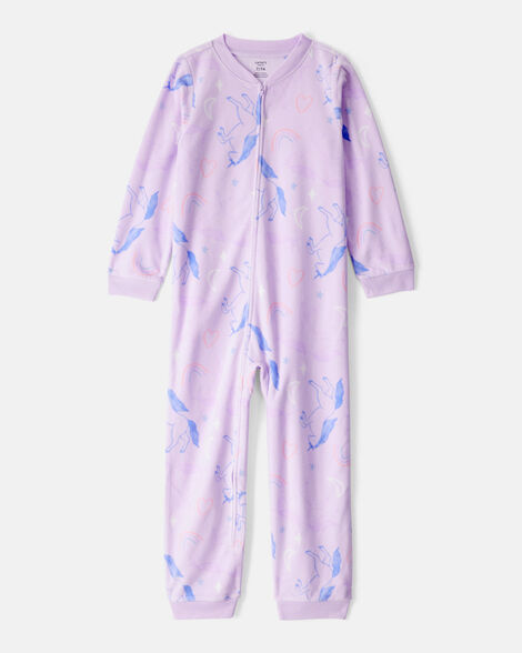 girls unicorn print loose fit long-sleeve zip-up 1-piece pajamas - purple