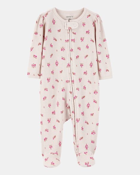 baby girl floral 2-way zip waffle knit sleep & play pajamas - khaki