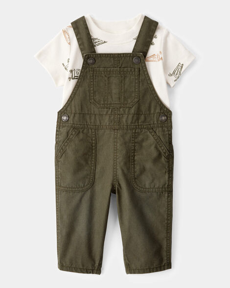 baby 2-piece team champ tee & overall set - ivory/olive