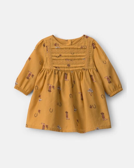 Baby Girl Horseshoe Twill Long-Sleeve Dress - Khaki