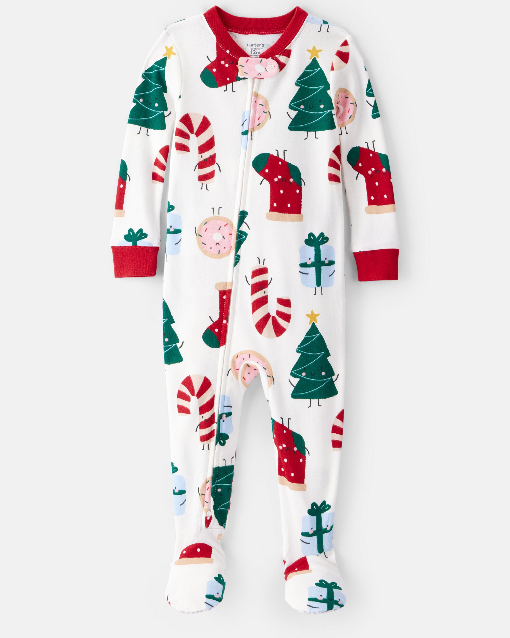 Baby Festive Friends Santa Christmas 100% Cotton Long-Sleeve Loose Fit 2-Way Zip 1-Piece Pajamas - White