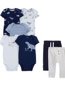 Multi - Baby 7-Piece Dinosaur  Short-Sleeve Bodysuits & Pull-On Pants Set, Selected