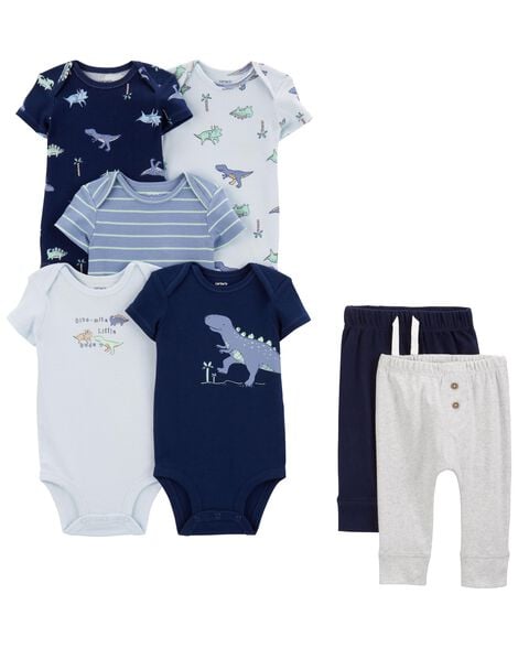 Product image 1 of Baby 7-Piece Dinosaur Short-Sleeve Bodysuits & Pull-On Pants Set