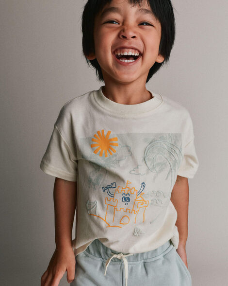 Toddler Relaxed Graphic Tee in Beach Print - Cream