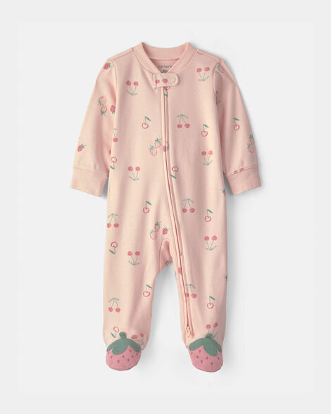 baby girl strawberry 100% cotton 2-way zip sleep & play pajamas - pink