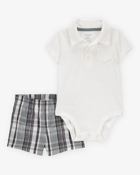  Product image 1 of Baby 2-Piece Polo Bodysuit & Plaid Short Set - Ivory/Grey