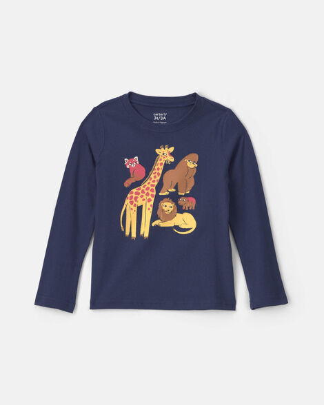 toddler boy safari animals long-sleeve graphic tee - navy blue