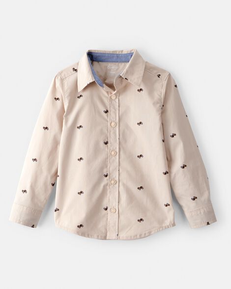 Toddler Boy Race Car Print Long-Sleeve Button-Down Shirt - Khaki