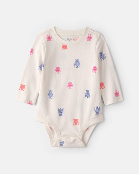 baby girl monster long-sleeve graphic bodysuit - cream