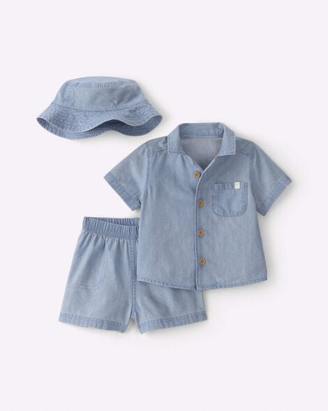 baby boy 3-piece chambray top & short set - blue