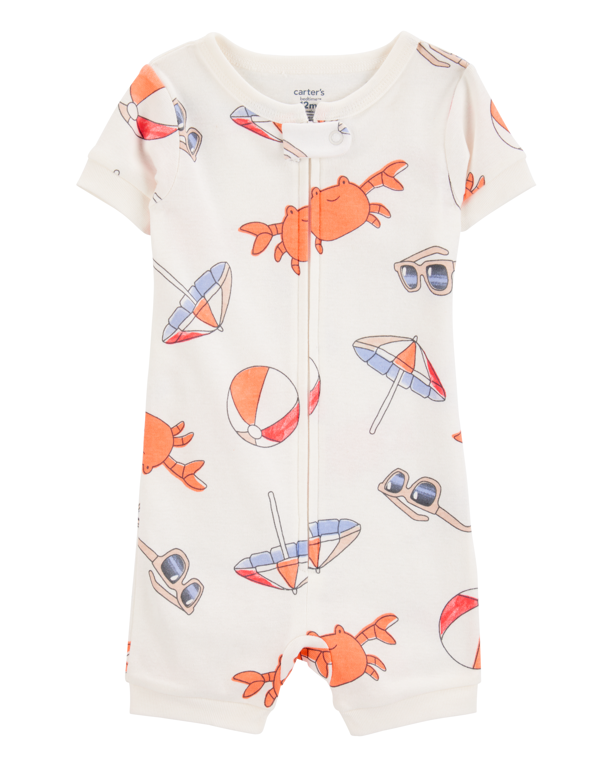 Toddler 1-Piece Crab Beach Print 100% Snug Fit Cotton Romper Pajamas - White