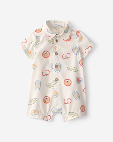 baby boy fruit '100% cute' canvas short-sleeve romper - cream