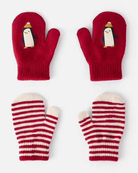 toddler boy 2-pack penguin striped winter mittens - red