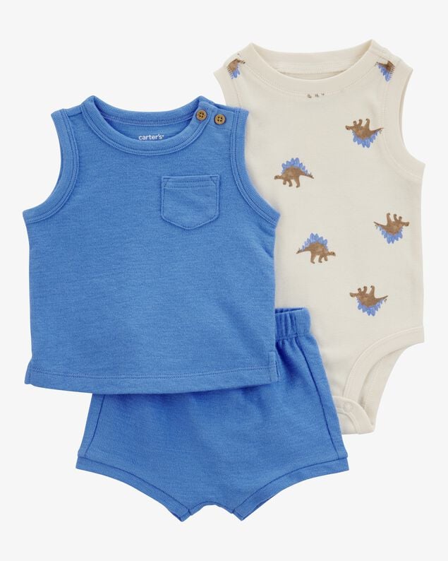 Product image 1 of Baby Boy 3-Piece Dinosaur Little Short Set - Blue/Ivory