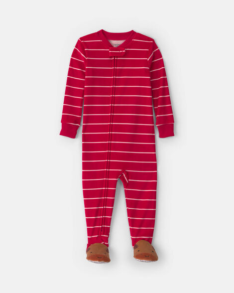 toddler boy 1-piece moose striped dreamplush snug fit footed pajama - red